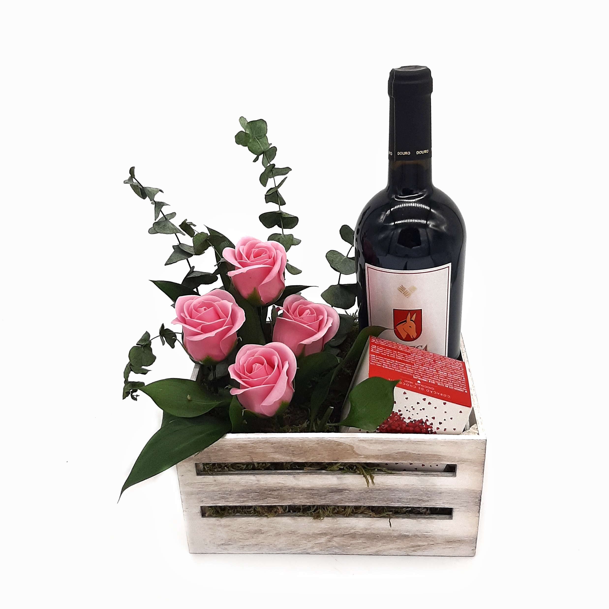Caixa com Vinho, Rosas de Sabão e Chocolate