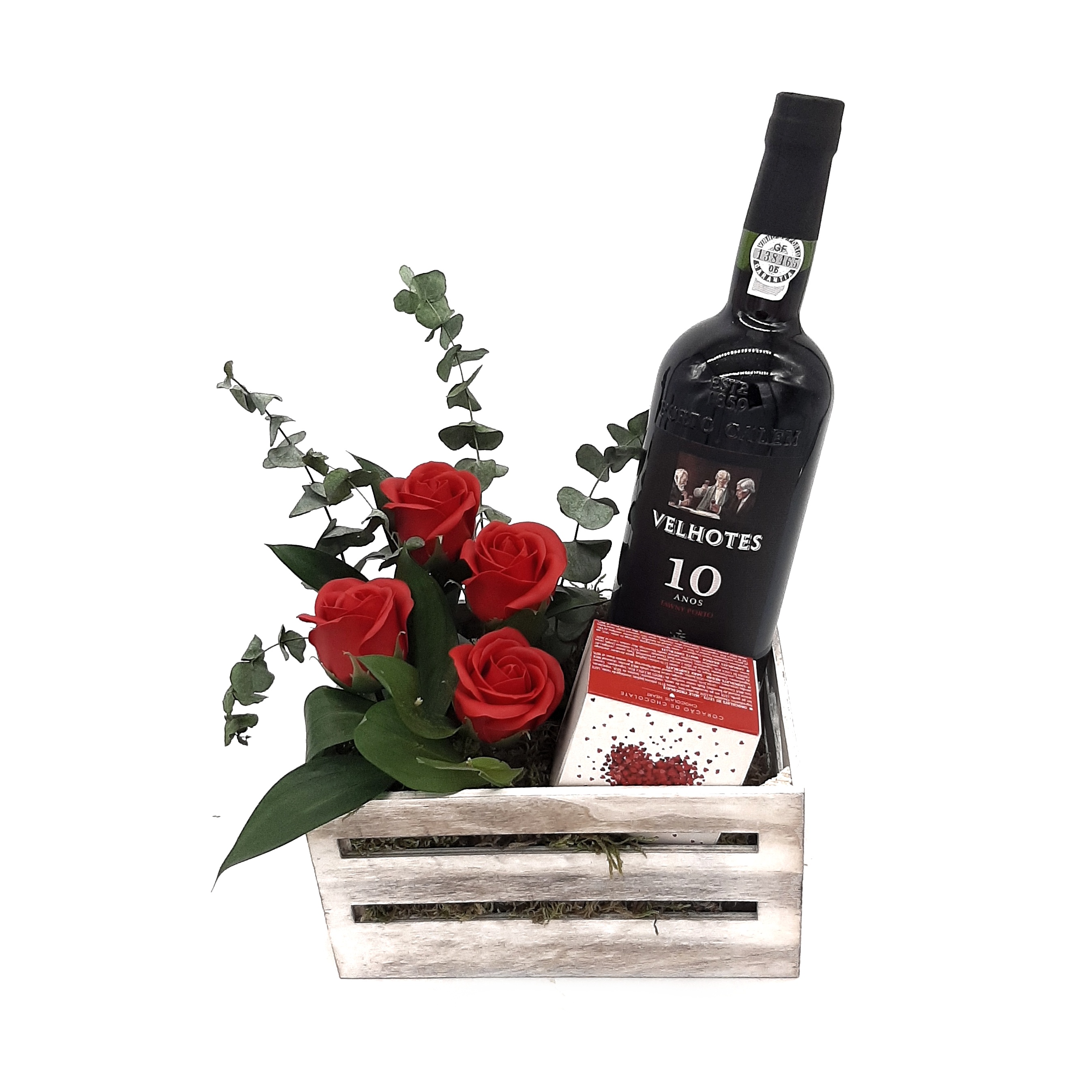 Caixa com  Vinho do Porto 10 Anos,  Rosas de Sabão e Chocolate